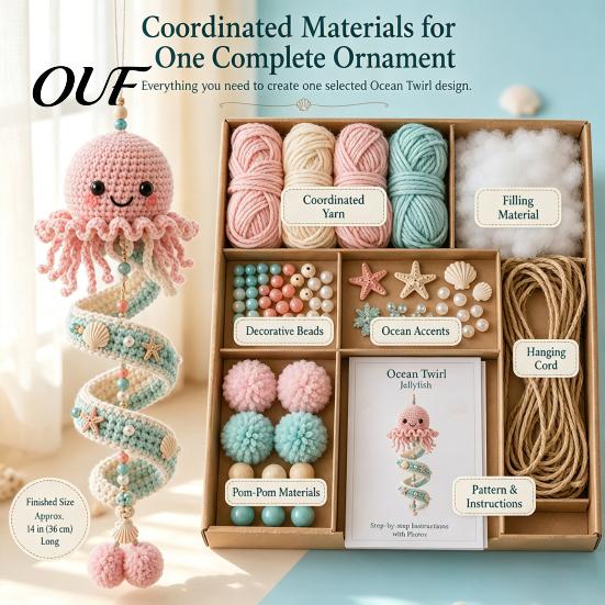 Beginner Crochet Kit for Adults Ocean Animal Spiral Kit, DIY Coastal Hanging Ornament Craft Bohemian Style Wall Decor with Yarn And Accessories Teens,
