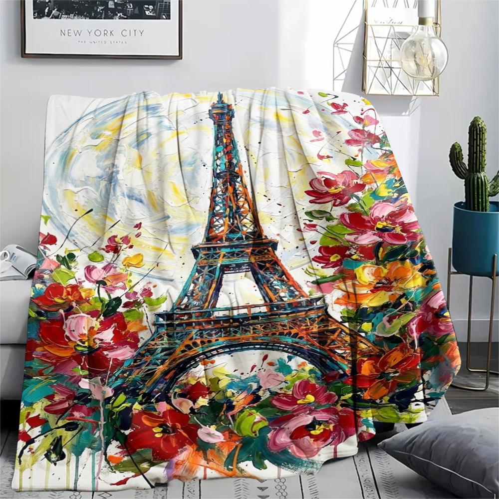 Paris Eiffel Tower Print Flannel Blanket, High quality Comfortable for All Seasons, Home Decor, Warmth and Comfort, Perfect for Christmas Gifts98