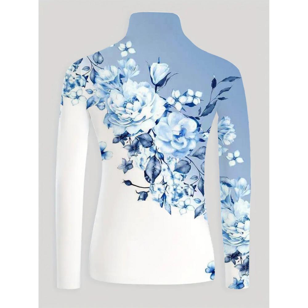 Women's Sexy Turtleneck Long Sleeve T-Shirt, Regular Length, All Seasons, Blue Flower Design