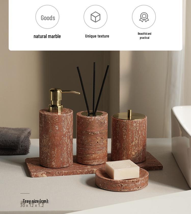 Набор DecoTalk Wabi-sabi Красный Травертин для Ванной Комнаты: Раковина с Подносом-Диспенсером для Ароматических Салфеток