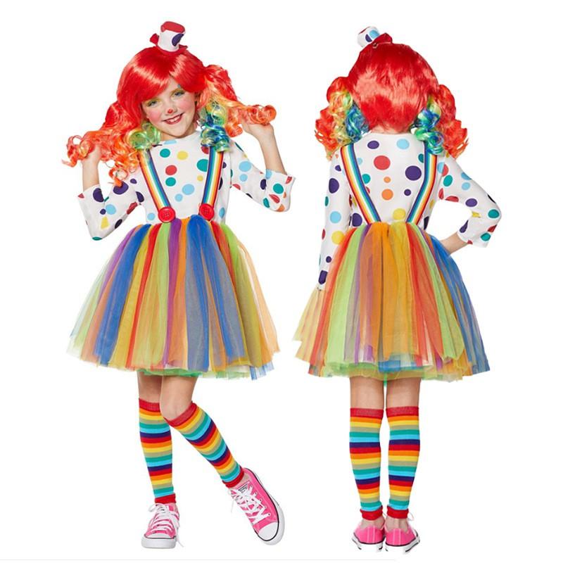 Halloween Circus Clown Costume Girls Rainbow Dress Set Role Play Outfit Stage Performance
