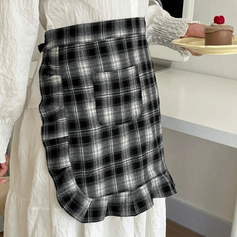 Fashion Floral Plaid Half Apron with Pocket Kitchen Cafe Baking Apron Restaurant Work Chef Waiter