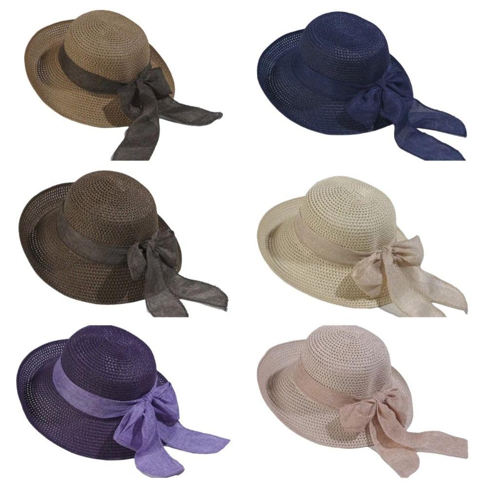 Portable Big Brimmed Woven Cap Hollow Out Bucket Hat Folding Sun Cap Bow Fisherman Cap  Camping