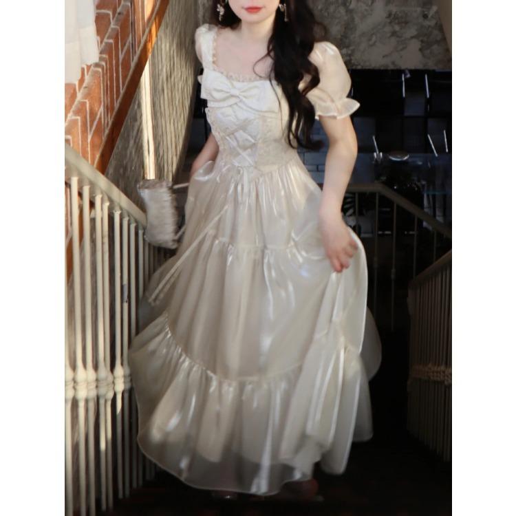 Элегантные женские платья с коротким рукавом, вечернее платье во французском стиле, тонкое повседневное однотонное платье с квадратным воротником и бантом, новое весенне-летнее платье