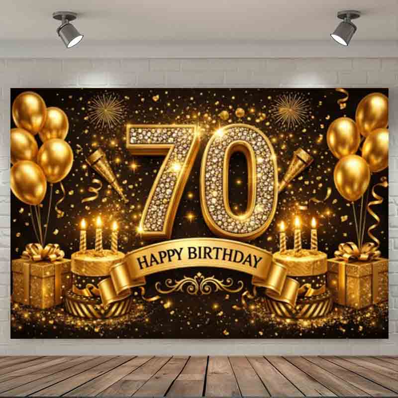 Black Gold 70th Happy Birthday Photography Backdrop Diamond Number Golden Balloon Cake 70 Years Old Birthday Party Photo