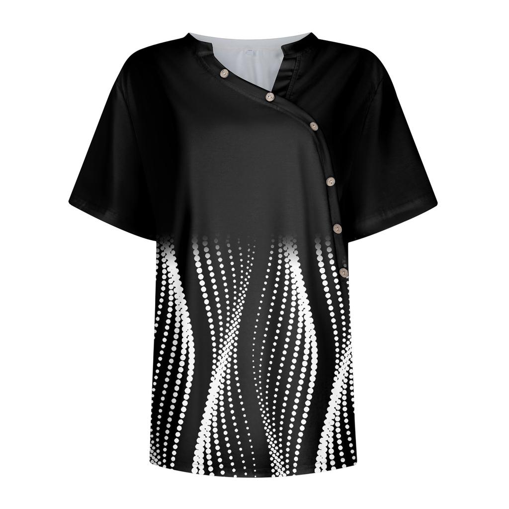 Жен. Футболка Футболка С принтом Пуговицы С короткими рукавами Повседневные Выходные Мода V-образный вырез Обычный Топ