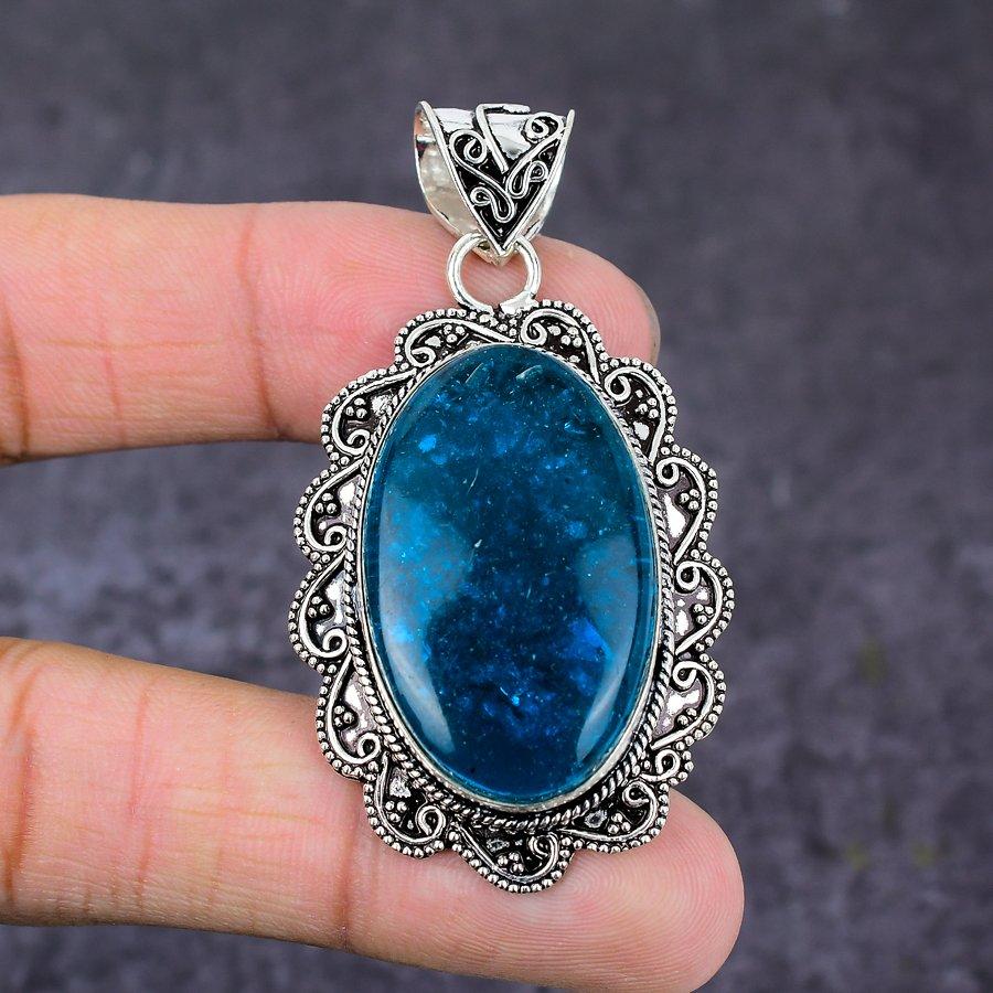 Подарочный кулон ручной работы из стерлингового серебра 925 пробы с натуральным синим янтарем 2,40 дюйма P4A94