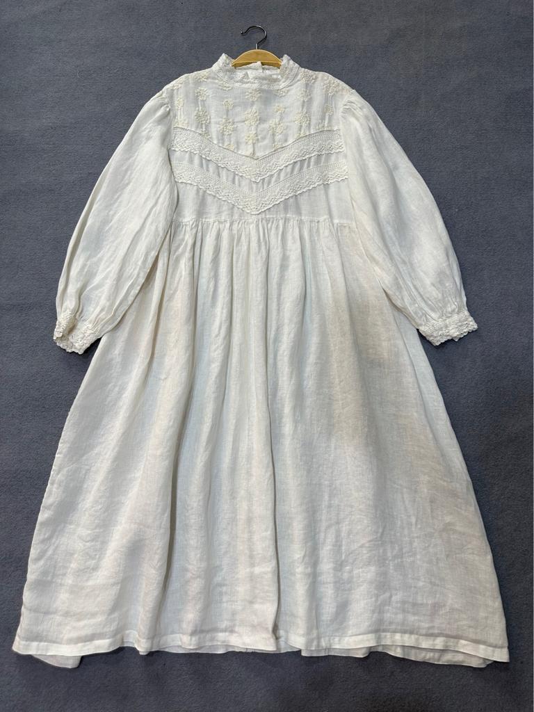 Johnature Japanese Mori Women Embroidered Dress Autumn Vintage French Puff Sleeves Lace Collar Autumn Long Dress