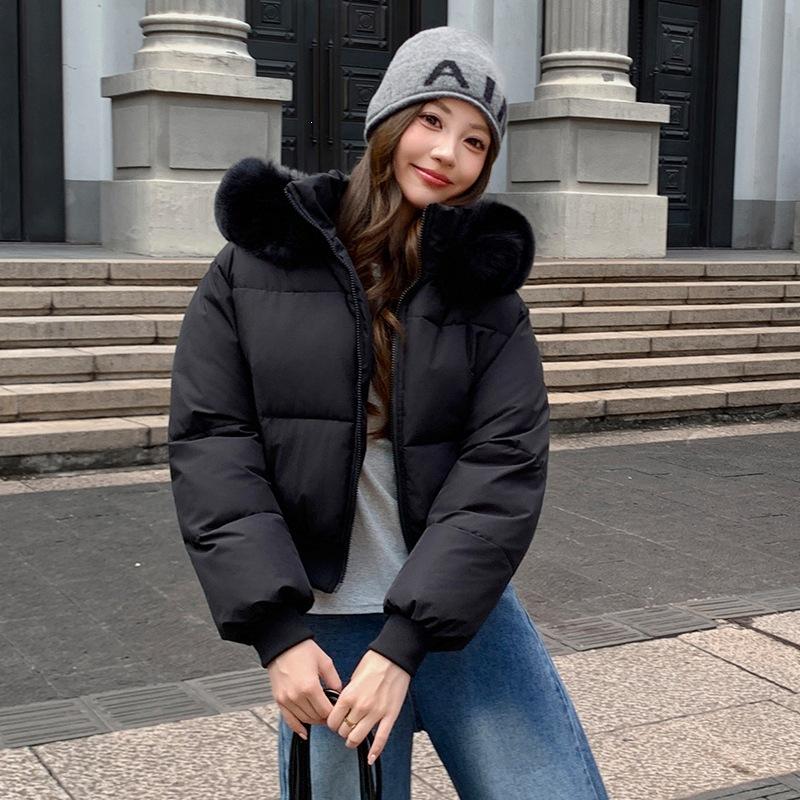 Женская зимняя ультракороткая свободная одежда на хлопке с большим меховым воротником Европейская и американская новая хлопковая одежда зимняя мода