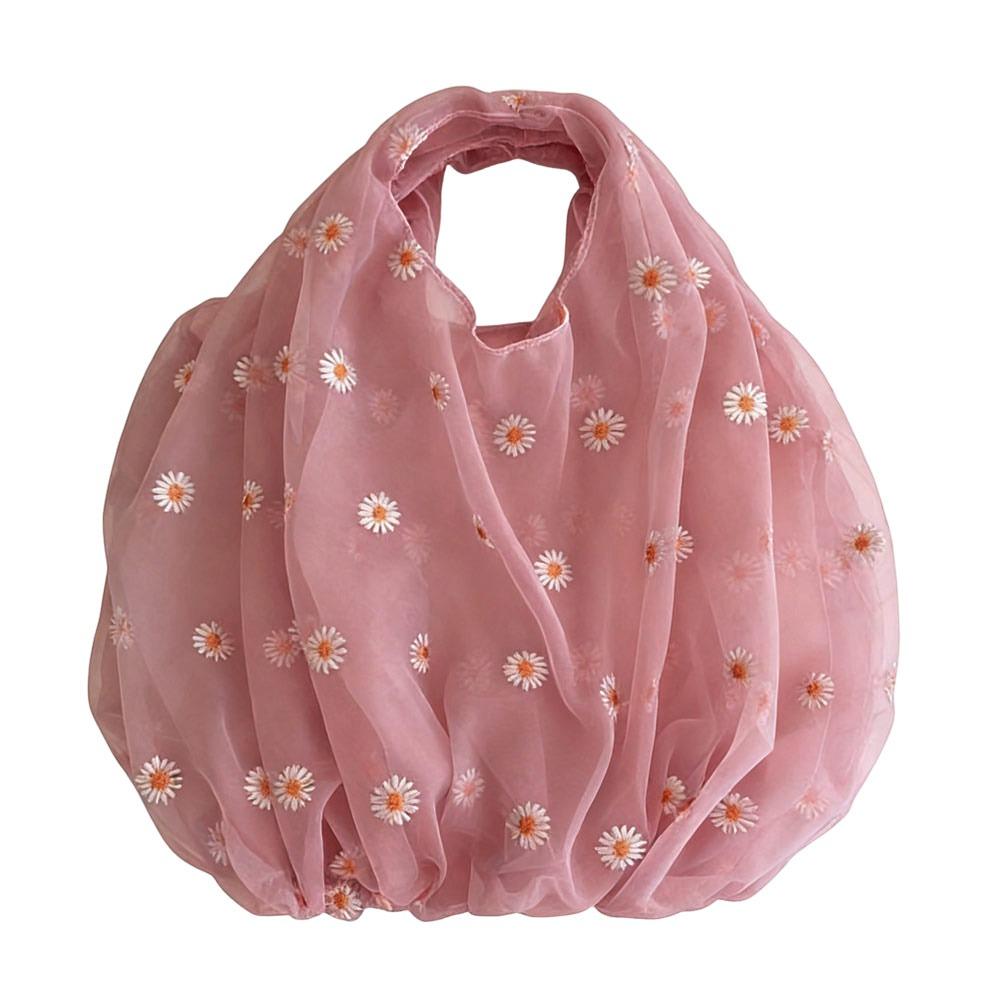 Organza Material Flower Embroidery Hand Bag Daisy Embroidery Small Size Mesh Shopping Bags Single Shoulder Mesh Cloth