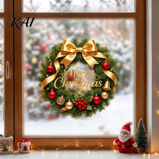 Festive Garland Decorations Christmas Wreath Window Stickers, Retro Santa Claus PVC Decals, Waterproof Decorative Indoor Outdoor Holiday Sign