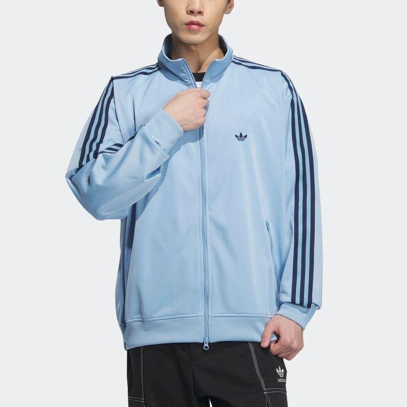 Adidas Originals Trefoil Stripe Logo Print Stand Collar Zip-Up Long Sleeve Jacket Unisex Outerwear Light-Blue IK9150
