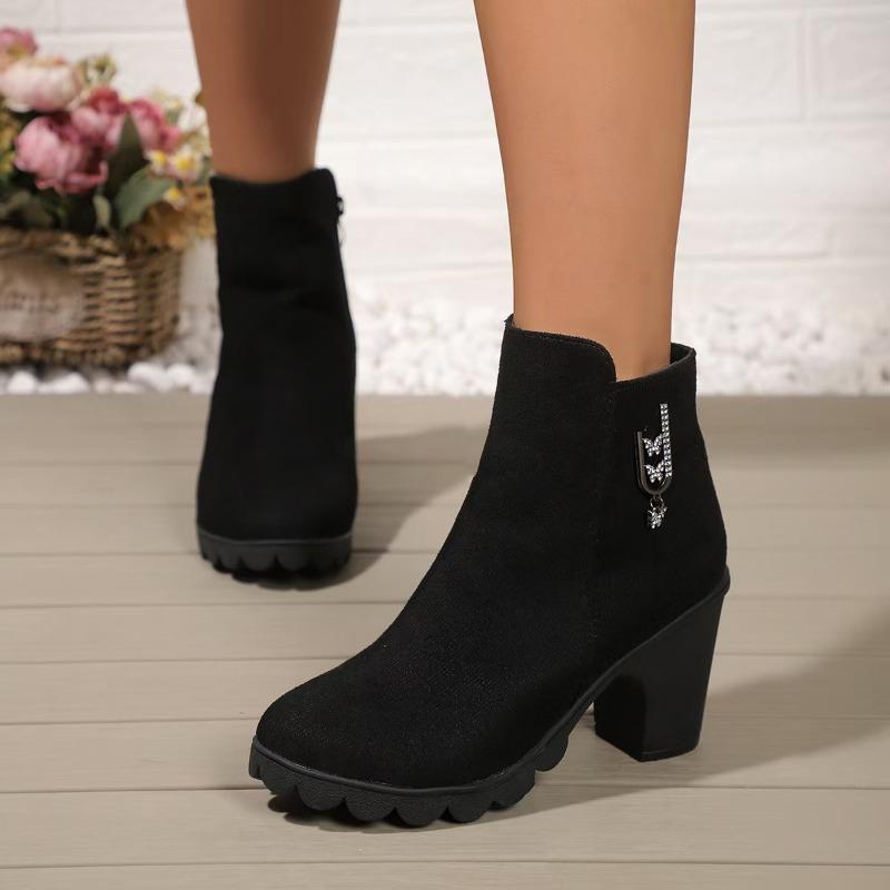 Модные осенние новые хлопковые сапоги на грубом каблуке, женские остроносые, с гидродрелем, с боковой молнией на рукавах, противоскользящие, износостойкие, короткие сапоги