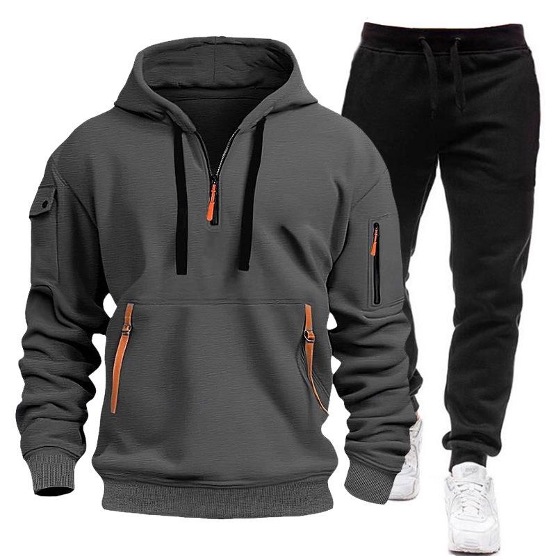 2025 Men's Multi-Pocket Zipper Hoodie Sweatshirt Set - Autumn Sportswear, Plain