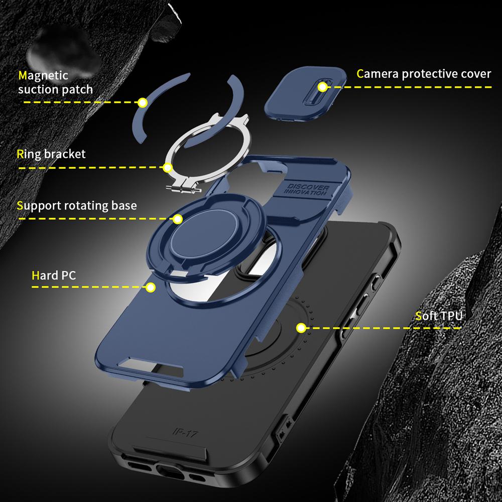 KEYSION Чехол для телефона с вращающейся на 360° подставкой-кольцом для iPhone 17, силикон+ПК, сдвижная защита камеры, магнитная противоударная задняя крышка