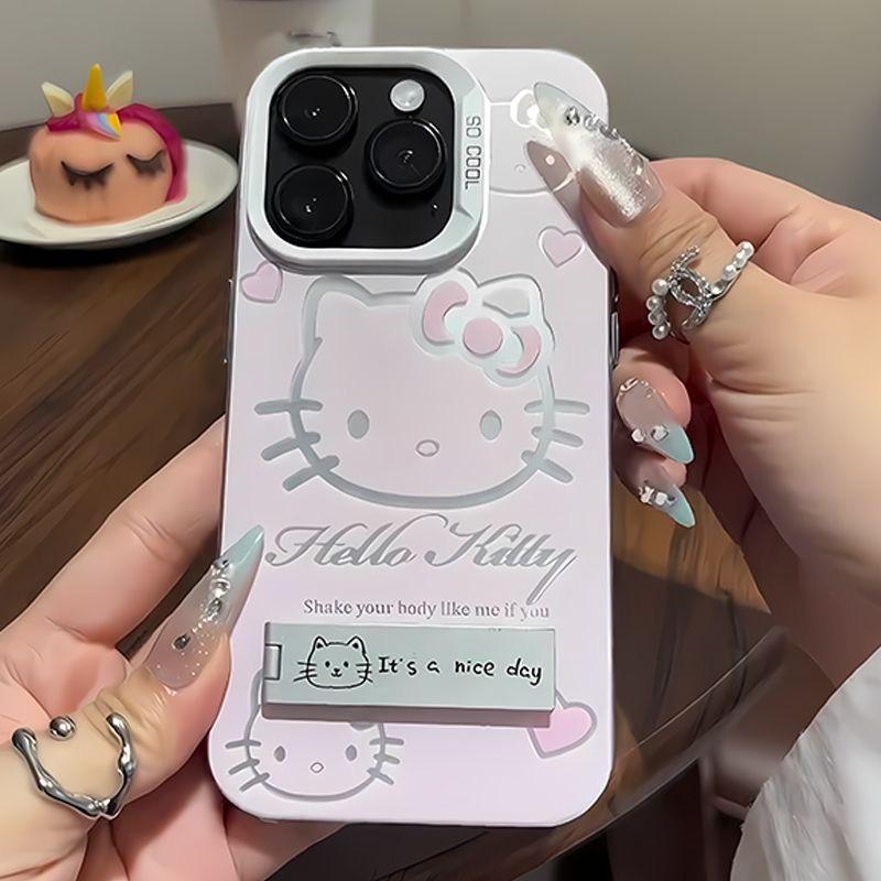Luxury Pink Hello Kitty With Bracket Phone Case For iPhone 16 15 14 13 12 11 ProMax XR XS 7 8 Plus Soft Anti Drop Silicone Cover
