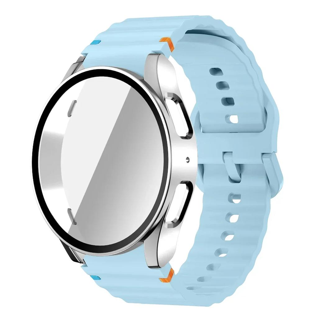 Чехол+Ремешок для Samsung Galaxy Watch 7 6 5 4 40мм 44мм Силиконовый Браслет Защитная Пленка для Экрана из Закаленного Стекла Бампер