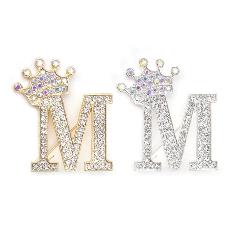 Fashion Crown 26 Initial Letters A To Z Rhinestone Brooches For Women Coat Dress Lapel Collar Pin Jewelry Accessries