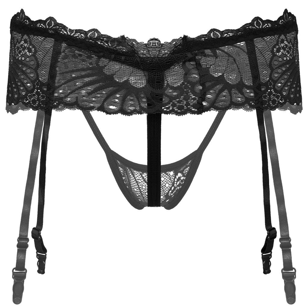 Мужские кружевные стринги с юбкой, регулируемый пояс для чулок, ажурный дизайн, эластичный пояс, вырез без выреза, Т-образная спинка, нижнее белье Sissy