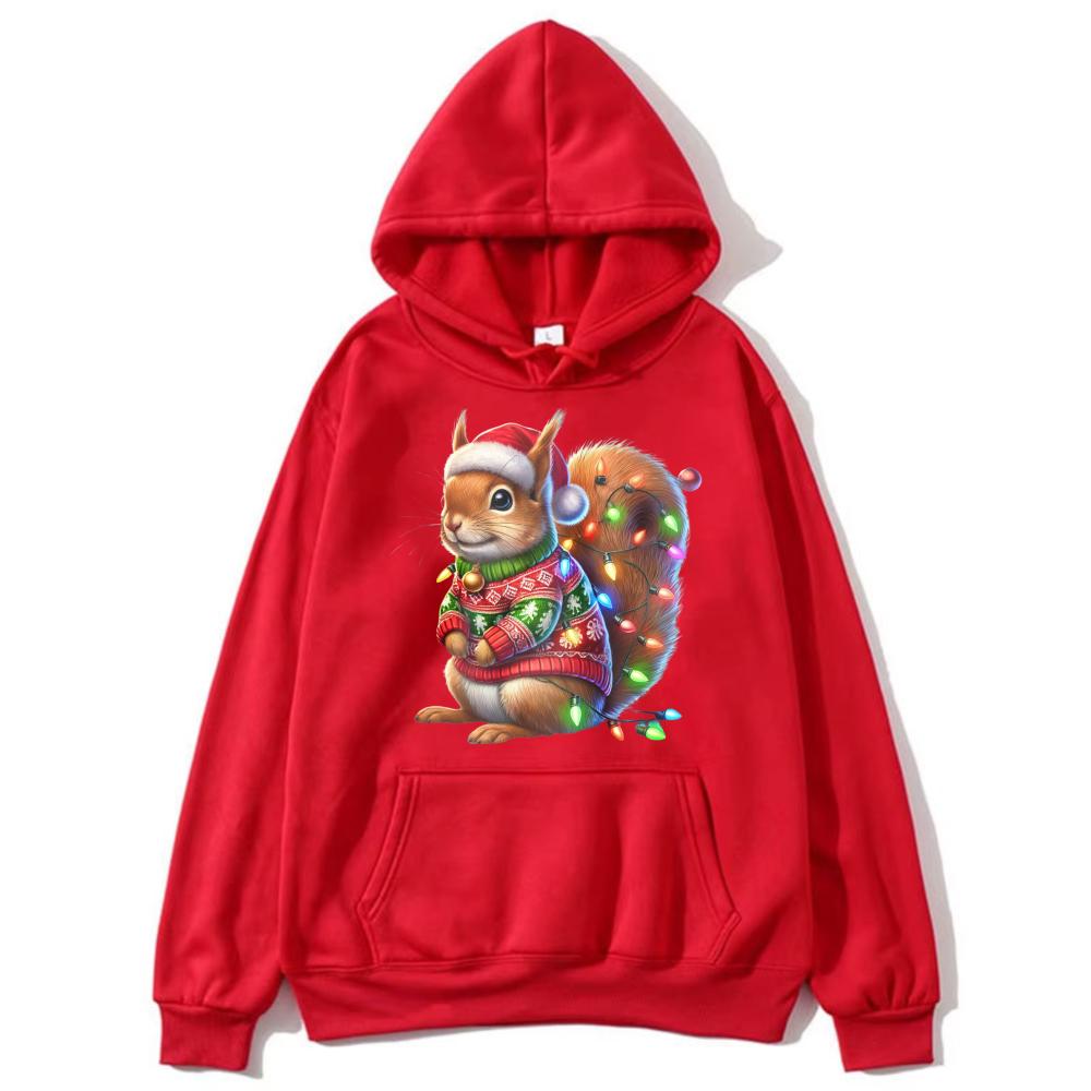 Christmas Squirrel Drop Shoulder Sweatshirt Festive Sweater Santa Hat Fashion Long Sleev Pullovers Vintage Cute Holiday Hooded