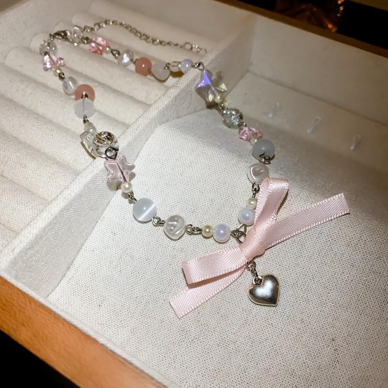 Sweet Heart Star Bow Cats Eye Stone Pendant Necklace Women Delicate Chain Choker Style Jewelry
