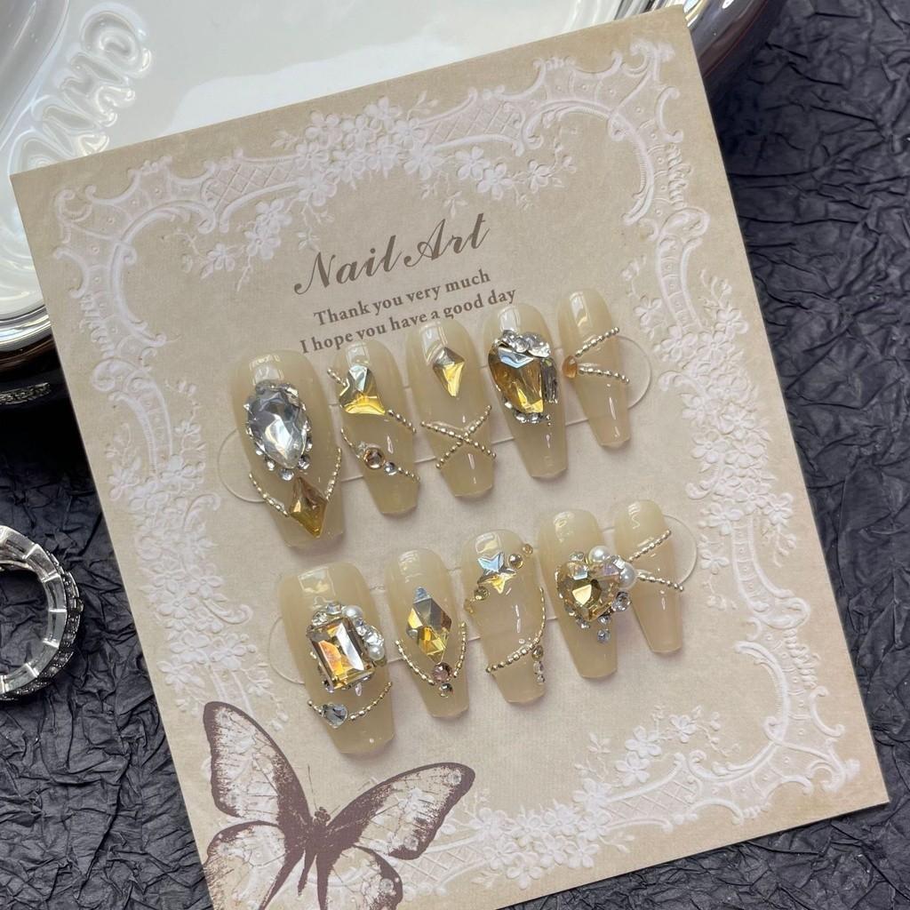 Длинные искусственные ногти в форме гроба ручной работы, мечтательная фея Аврора, розовый сверкающий белый бриллиант, свадебные ногти принцессы, фототерапевтические ногти, многоразовые