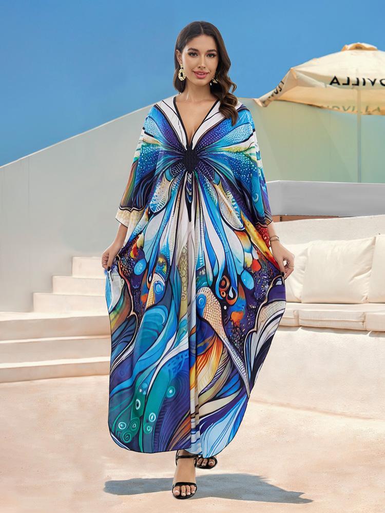 EDOLYNSA Плюс размер кафтан богемный зеленый павлин с принтом летнее длинное пляжное платье женская домашняя одежда наряд купальный костюм накидка свободный кафтан