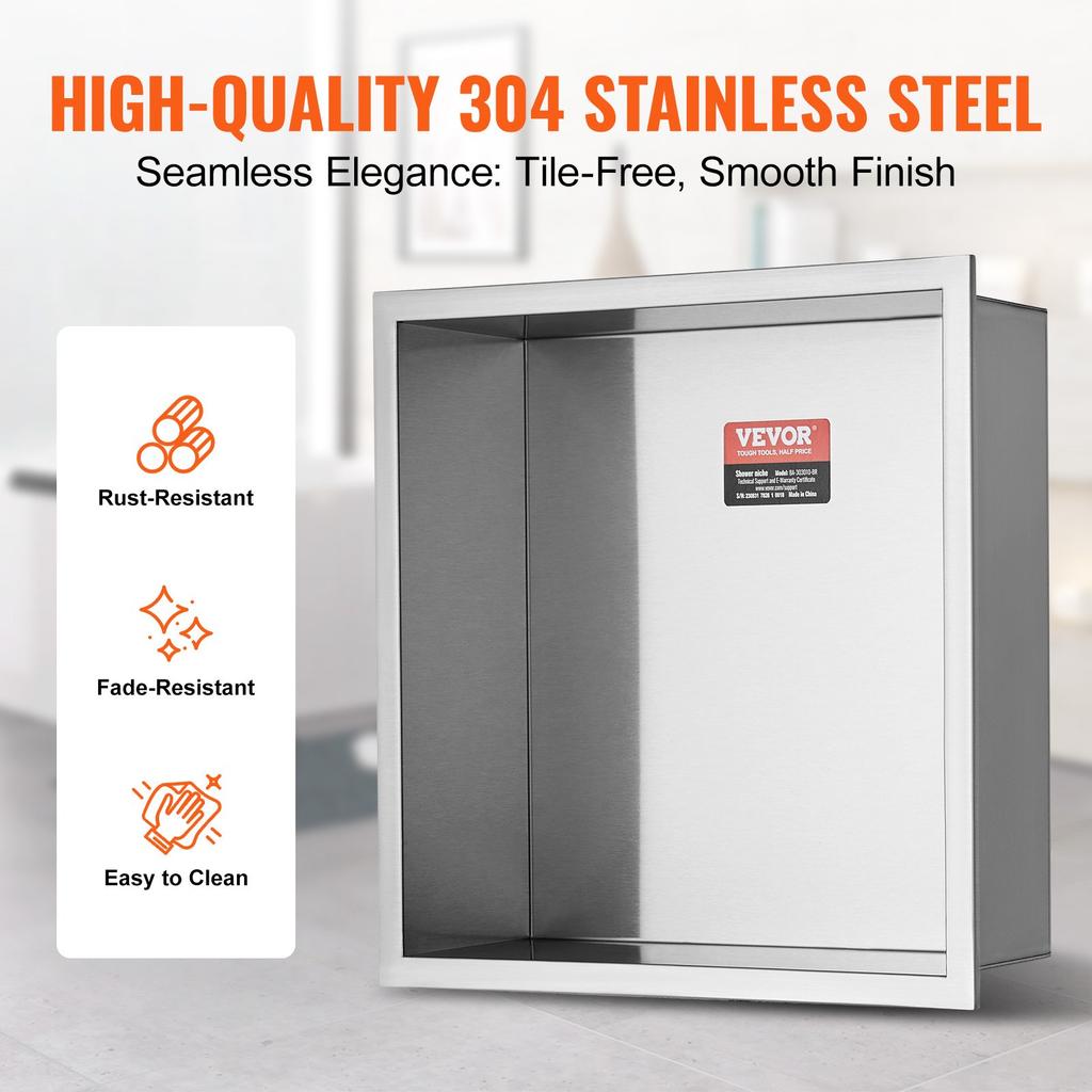 VEVOR 33.02 x 33.02 cm No Tile Shower Niche 304 Stainless Steel, Wall-Inserted Niche Recessed Double Shelves