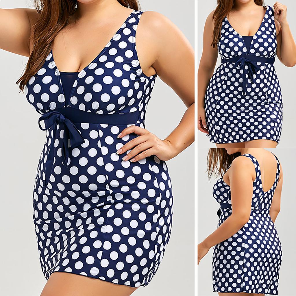 Plus Size Women Swimdress Swimsuit Summer Beach Push Up Padded Polka Dot Swimwear
