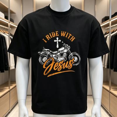 Cotton Christian Motorcycle Biker I Ride With Jesus Faith T-Shirt WoUnisex's Unisex's Graphic Tee Causal Tops Fashion Tshirt Shor