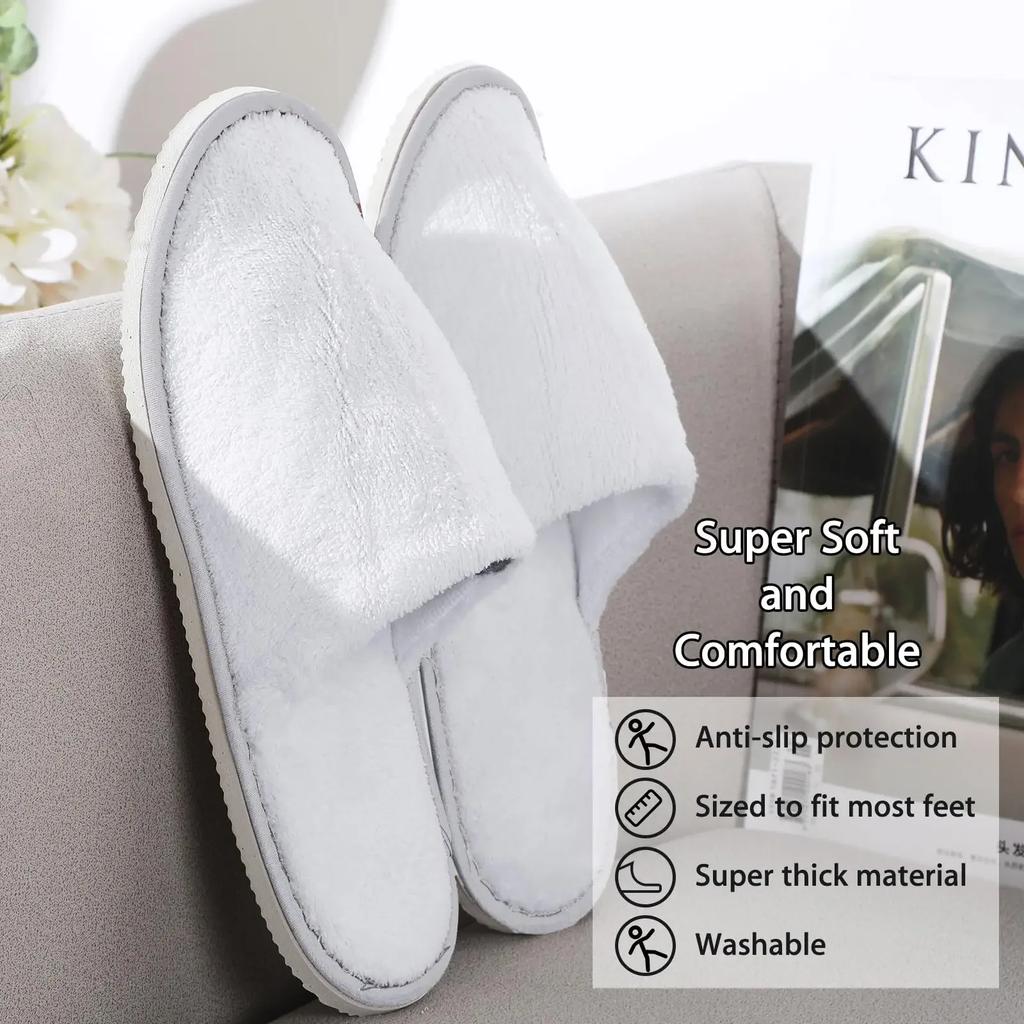 Fashion 6 Pairs Disposable Slippers for Guests Bulk House Slippers Spa Fluffy Coral Fleece Indoor Hotel Slippers for Women Men