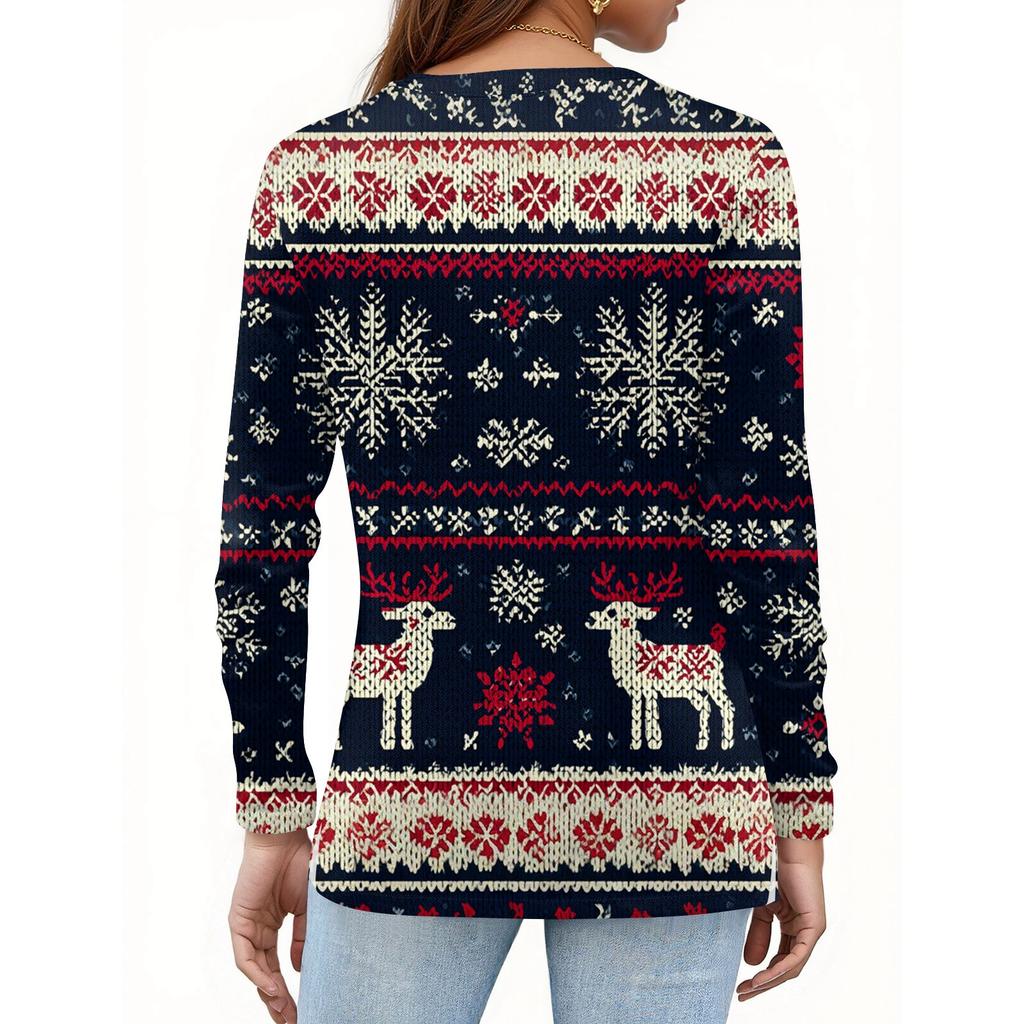 Женская мода Повседневная футболка с V-образным вырезом, длинными рукавами и декоративными пуговицами