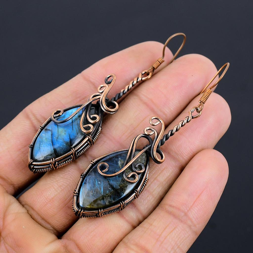 Labradorite 999 Copper Wire Wrapped Earrings, Handmade Gemstone Earrings Jewelry, Gifts For Wife Brand New Earrings