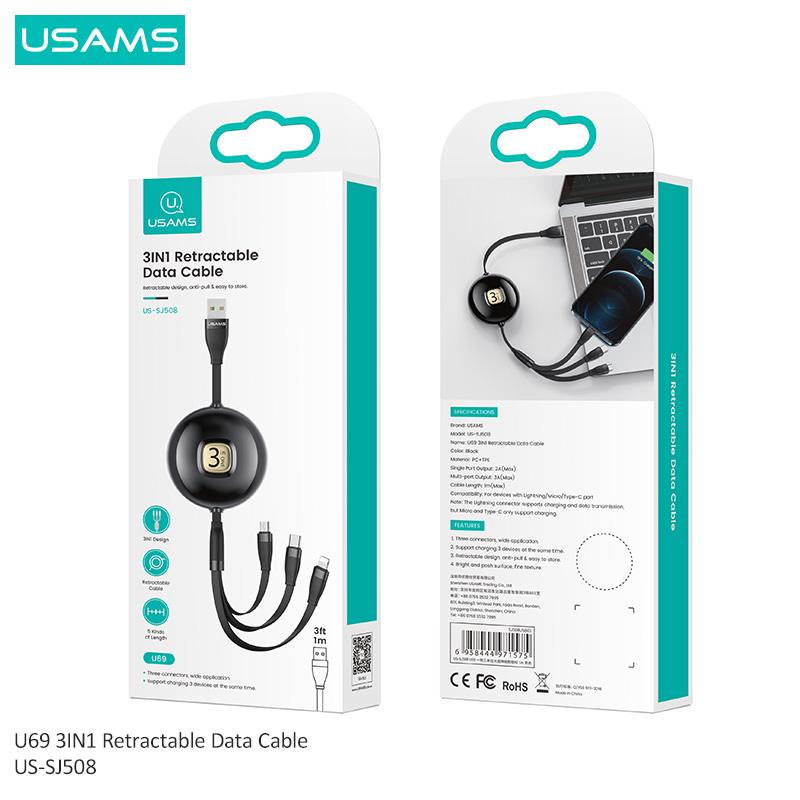 USAMS USB-кабель для зарядки 1 м 3 в 1 для iPhone, кабель Micro USB типа CData, выдвижной дизайн, USB-кабели для телефонов, аксессуары для телефонов