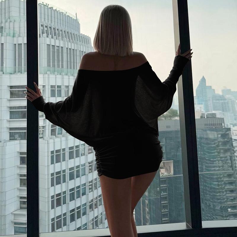 Women's Street Style Solid Color Off Shoulder Batwing Long Sleeve Comfy Loose Fit Ruched Bodycon Mini Dress