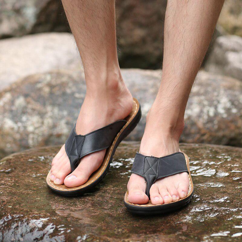 Summer Shoes Men Slippers Flat Genuine Leather Holiday Slippers Brand Mens Flip Flop Non-slip