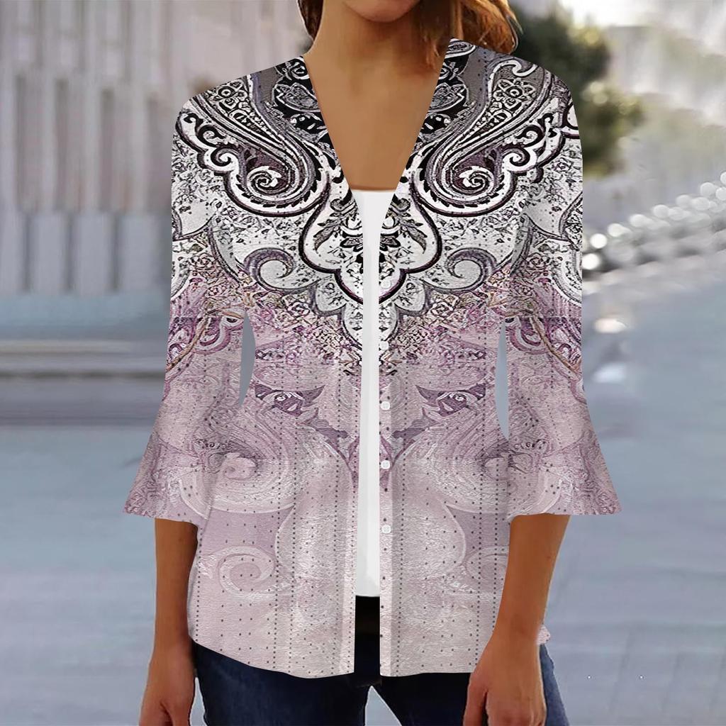 Women's Fashion Loose Casual Printed Three-quarter Sleeve Button Shirt Cardigan Top