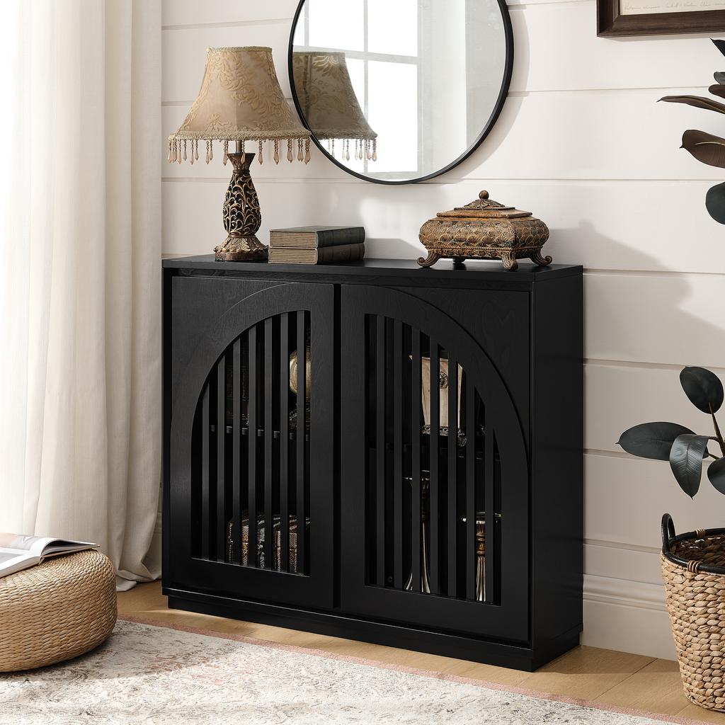Mid-Century Modern Sideboard with Fluted Fronts and 2 Outlet Openings, Narrow Side Cabinet for Living Room, Hallway, Kitchen or Coffee Bar, Black