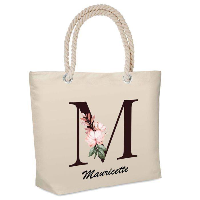 Sac de plage - PLANETEE - Mauricette Lettre Fleur - Isotherme - Coton - Grande contenance