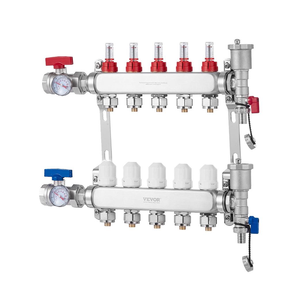 VEVOR 5-Branch Radiant Heat Manifold, 1/2" PEX Tubing Manifold, Stainless Steel PEX Manifold for Hydronic Radiant Floor Heating