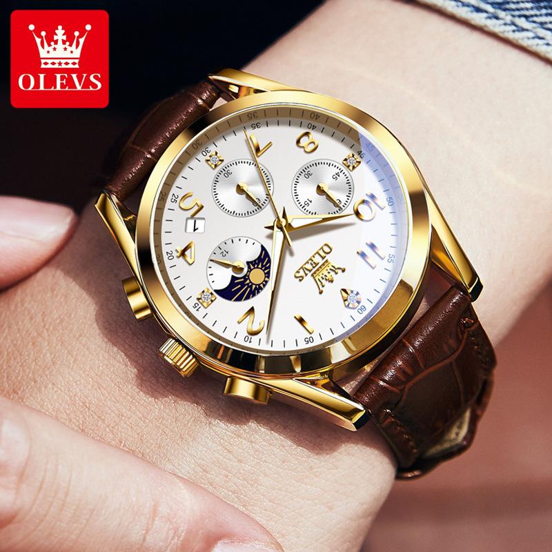 Men's Trendy and Fashionable Three Eye Six Needle 24-hour Moon Phase Dial Light Luxury Wristwatch Waterproof Luminous Quartz Watch