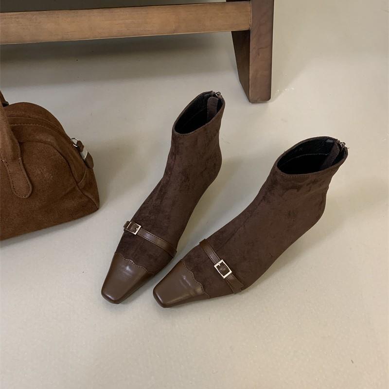 2025 New Autumn and Winter Korean Maillard Wears High-heeled Short Boots, Suede Rear Zipper Retro Square Head Short Boots for Women