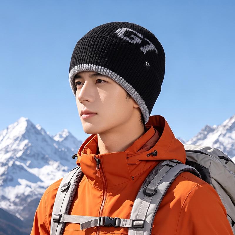 Autumn and winter velvet warm ear protection knitted wool hat men's outdoor leisure sports mountaineering cycling bag head cold hat