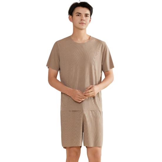 Комплект из 2 предметов: мужская пижама, футболка с коротким рукавом и круглым вырезом, эластичный пояс, шорты, комплект, однотонная домашняя одежда, костюм