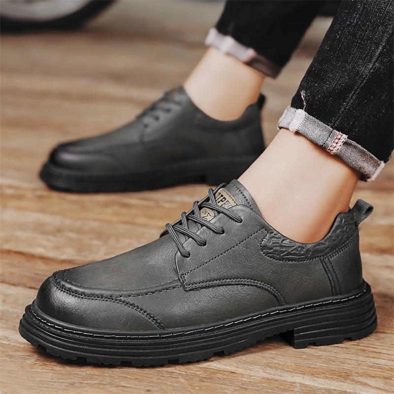 2024 Fashion Men's Casual Shoes New Soft Rubber Solid Colors Non Slip Leather Shoes Man Casual Leather Round Head Lace Up Shoes
