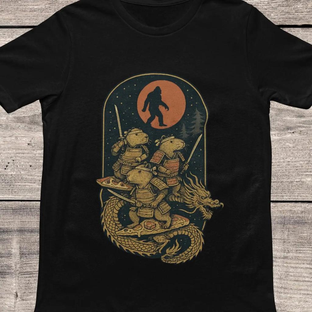 Ukiyo E Dragon Rider Capybara Samurai T Shirt Bigfoot Moon Pizza Surf Vintage Soft Stretched Comfortable Graphic