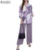 ZANZEA Женские повседневные комплекты из блузки и брюк с принтом из двух предметов