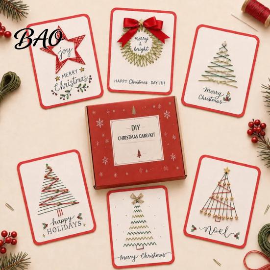 Family Holiday Activity Set Christmas Card DIY Kit, 6 Chrismas Cards, Stitch by Hand, Thread Creative Greeting Crafting Art Stitching Craft