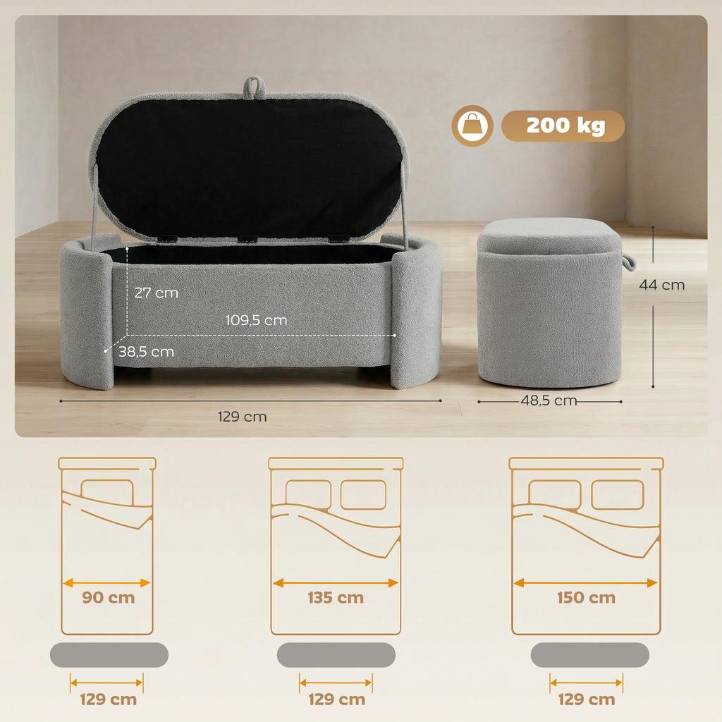 Puff Storage Bench Oval 129x48.5x44 Cm Upholstered In Teddy Velvet Load 200 Kg Light Gray
