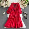 Holiday Retro Ethnic Embroidery Dresses Women Vintage V-neck Tassel Lace Up Dress Party Long Sleeve Fashion Long Dress Loose New
